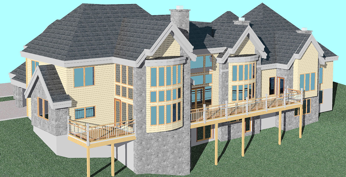 House rear elevation view for 10080 Luxury house plans, master on the main house plans, house plans with side garage, house plans with basement, house plans with loft, house plans with 4 car garage, 10080