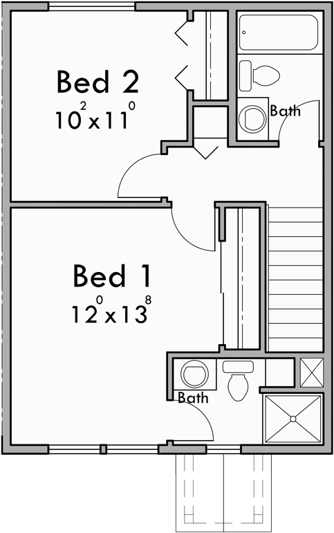 Upper Floor Plan for D-339 Duplex house plans with basement, 2 bedroom duplex plans, sloping lot duplex plans, duplex plans with 2 car garage, narrow duplex house plans, D-339