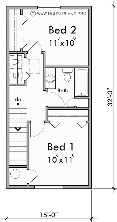 Upper Floor Plan for D-341 Duplex House Plan for Your Narrow Lot - 920 Sq Ft 2 Bed Units