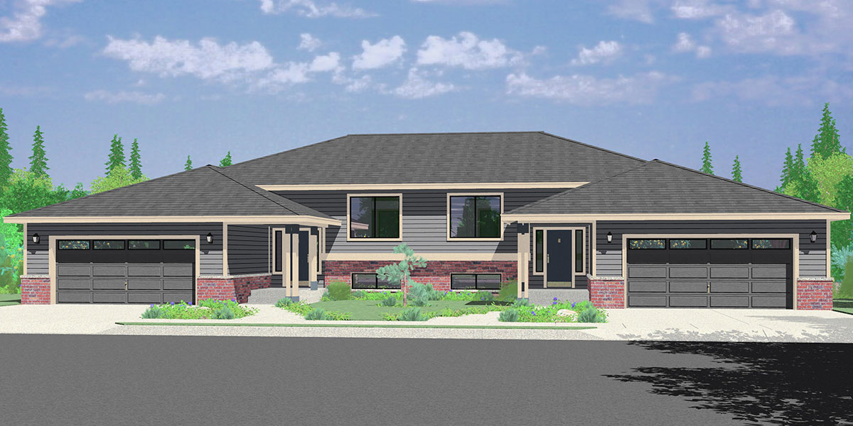 D-492 Duplex house plans, split level duplex house plans, D-492