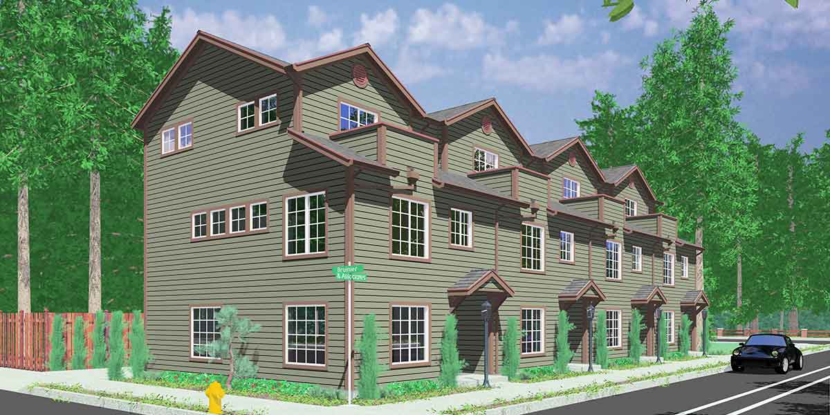 House front drawing elevation view for F-559 Quadplex house plans, multi family house plans, F-559