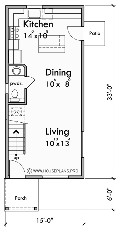 Main Floor Plan for 10124 Narrow lot house plans, 2 bedroom house plans, 2 story house plans, small house plans, 1flr, 10124b