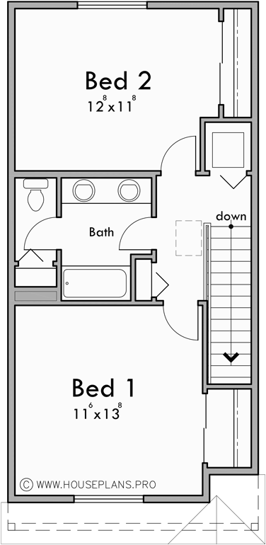 Upper Floor Plan for F-671 Quad plex town house plan F-671