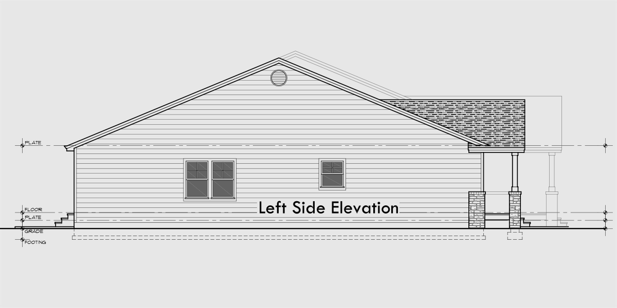 House rear elevation view for D-777 Wheelchair accessible, wide doorways and halls, duplex plan, D-777