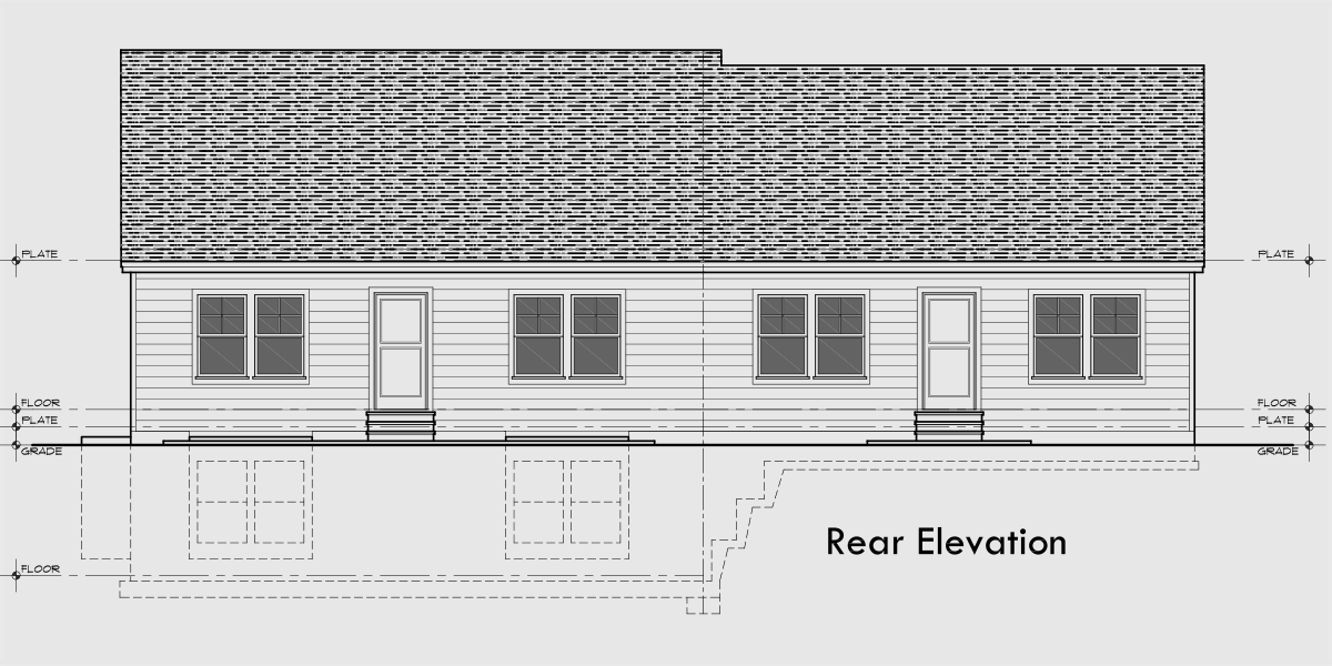 House rear elevation view for D-777 Wheelchair accessible, wide doorways and halls, duplex plan, D-777