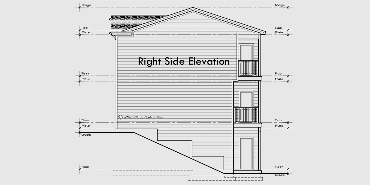 House rear elevation view for F-692 Town house plan, triple master, amazing decks with views F-692