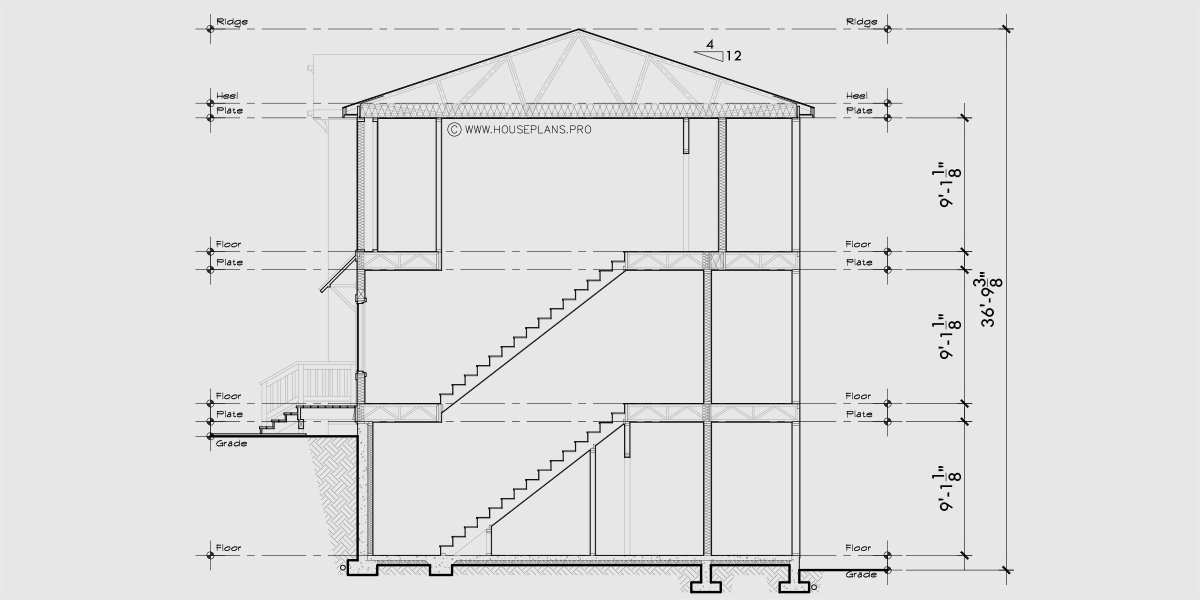 House rear elevation view for F-692 Town house plan, triple master, amazing decks with views F-692