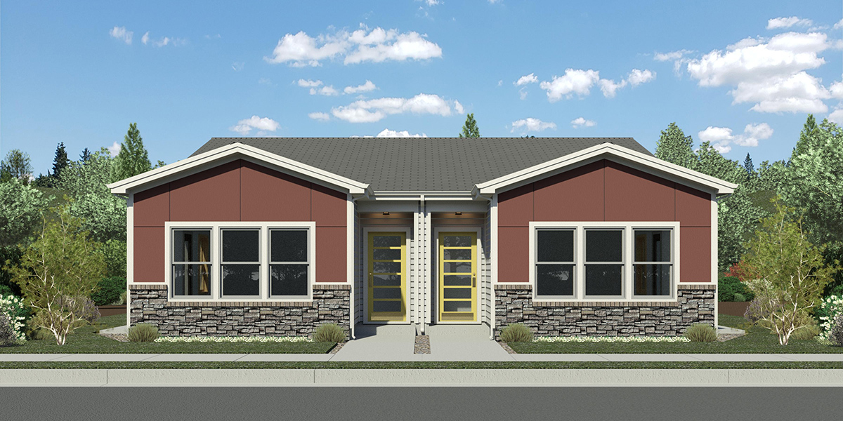 House rear elevation view for D-780 New one story 2 bedroom 2 bath duplex plan