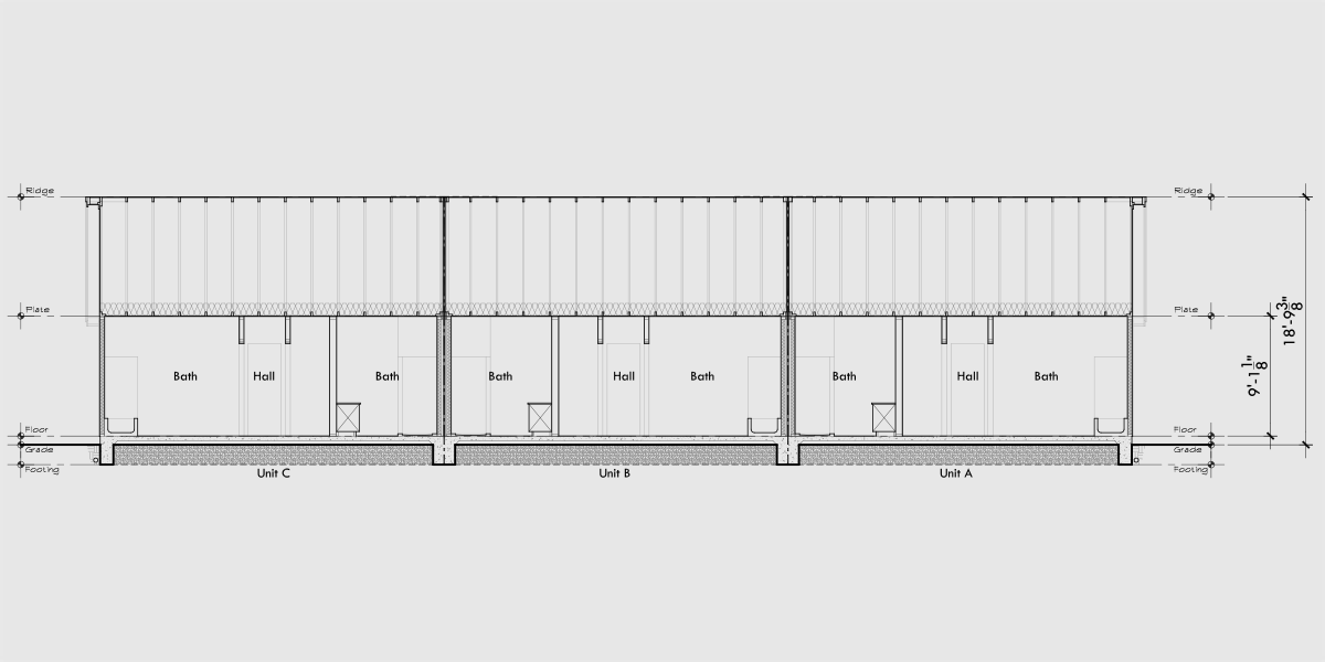 House rear elevation view for T-466 One level 2 and 3 bedroom town house plan T-466