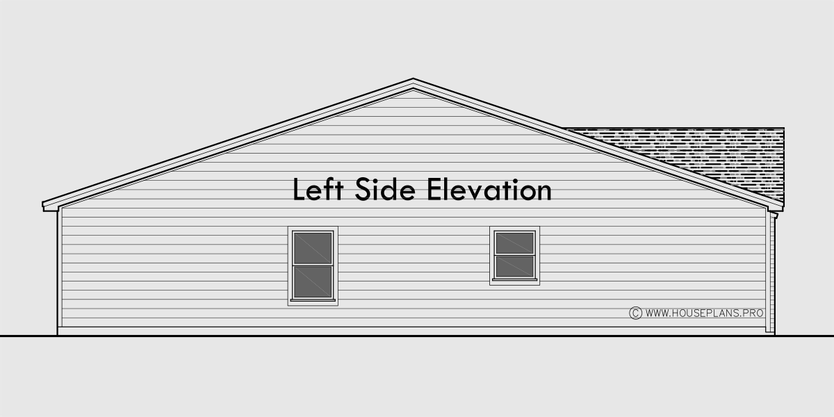 House side elevation view for T-466 One level 2 and 3 bedroom town house plan T-466