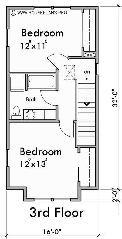 Upper Floor Plan for T-468 16 ft wide x 30 ft deep town house plan